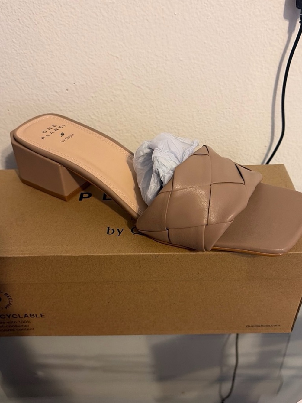 Braided Block Heel Slide Sandal in Tan